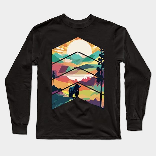 Bear and Mountain Landscape Long Sleeve T-Shirt by ganola